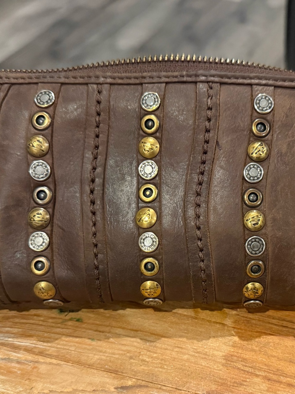 Women's Brown Faux Leather Studded Zip Clutch